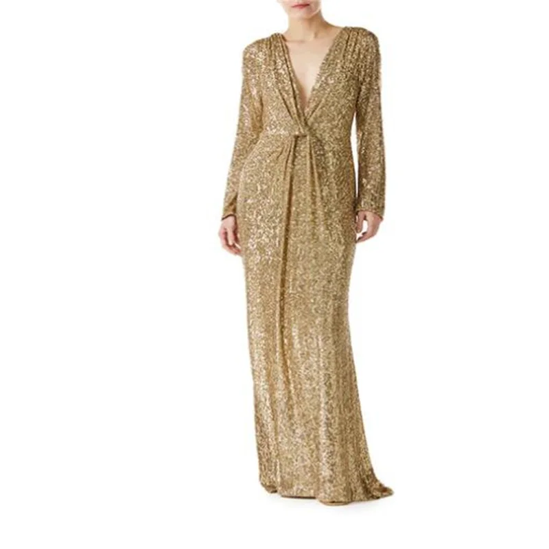 

MULONG Dark V Neck Golden Groom Mother Dress Sequin Long Sleeve Empire Simple Luxury Weddings Party Dress Latest Fashion