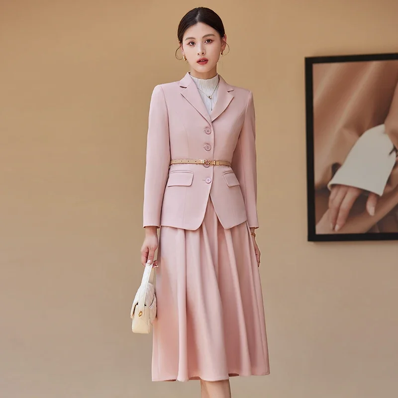 Insozkdg Women Blazer Suits Autumn 2 Pieces Set Single-Breasted Belt Blazers Tops A-Line Skirt Casual Office Work Suit