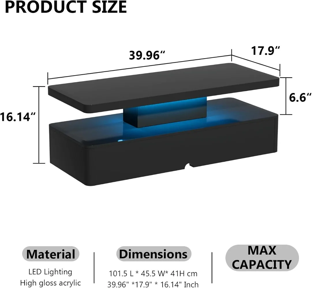 Coffee Table with 16 Colors LED Lights, Double-Layer Design for Living Room, Large Storage Space, Easy Maintenance, Tea Table