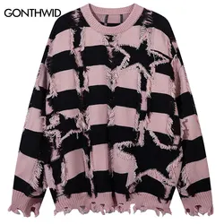 Hip Hop Sweater Grunge Knitted Star Tassel Punk Gothic Jumpers Streetwear Men Hip Hop Harajuku Ripped Striped Oversized Pullover