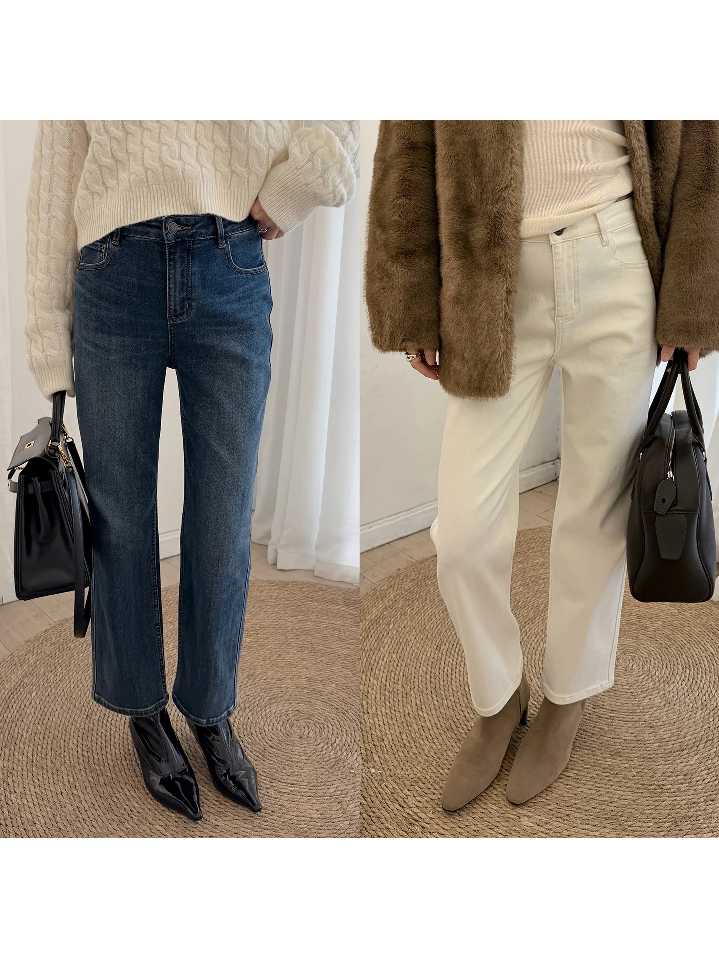 

French Vintage High Waist Straight Leg Jeans Fce Lined Ankle Length Breadsti Pants Women's Autumn Winter Warm Cotton Blend