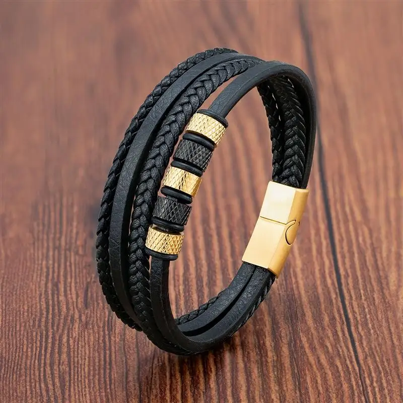 Luxury Stainless Steel Beaded Bracelet for Men Classic Multilayer Braided Leather Bracelet Fashion Men's Jewelry Gifts