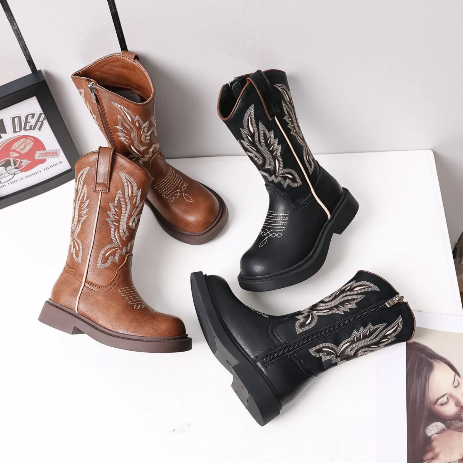 Botas de bezerro de couro genuíno infantil, bota de chelsea, bordado, vaqueiro, meninas, criança, crianças, marca de moda, outono, inverno