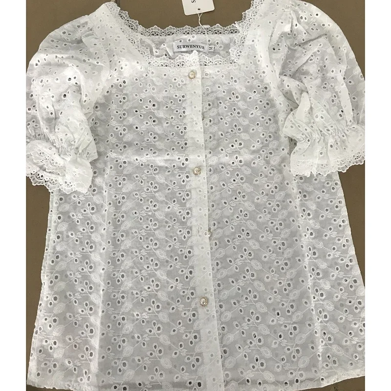 Fashion Elegant Summer Short Sleeve Woman Shirts Square Collar Hollow Out White Blouse Women 2024 Korean Lace Shirt Blusas 13934