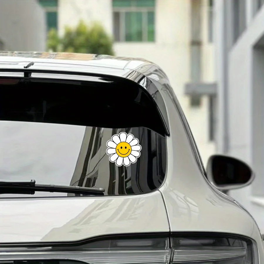 1 قطعة لطيف ابتسامة زهرة الأقحوان ملصق بتلات بيضاء مركز أصفر لاصق مائي لسيارة الكمبيوتر المحمول الهاتف ديكور