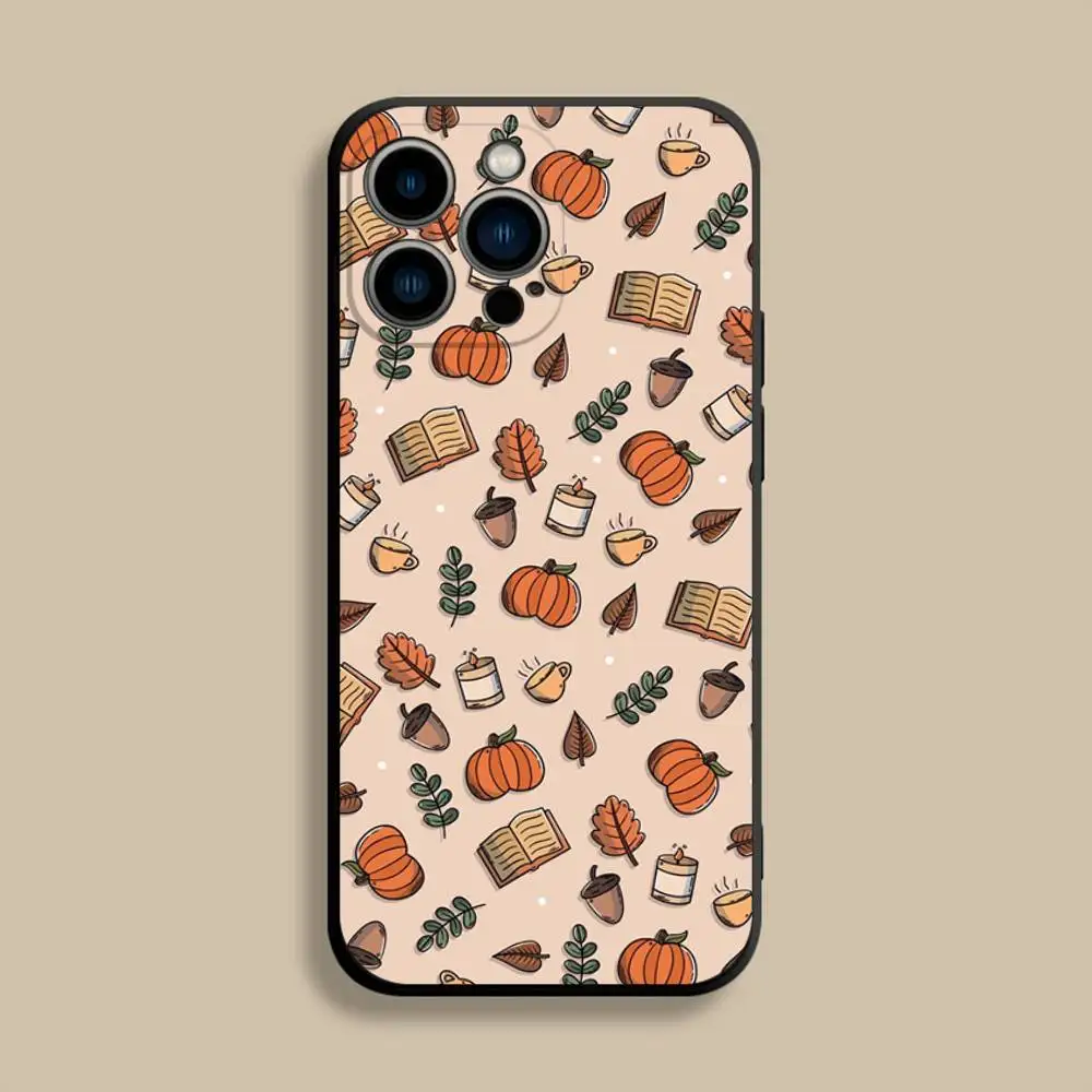 Etui na telefon z motywem jesiennych liści i dyni do iPhone'a 17, 16, 15, 14, 13, 12, Pro, Max, Plus, E, SE4, Air, Mini, czarne, miękkie.