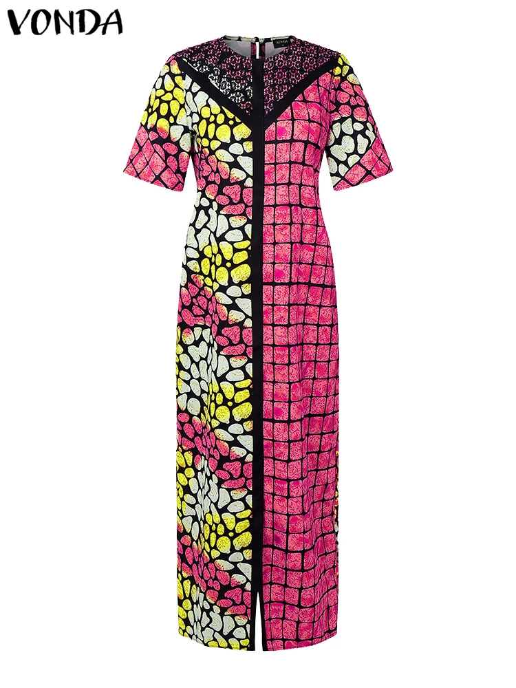 VONDA 보헤미안 여름 롱 드레스 여성 빈티지 짧은 소매 Maxi Sundress 2025 캐주얼 프린트 패치 워크 비치 베스 티드 오버 사이즈