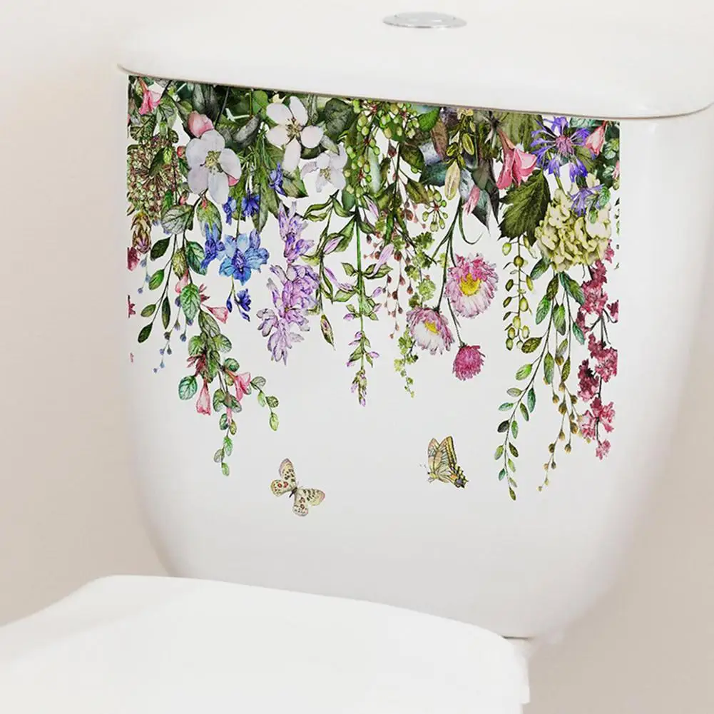 Green Plant Leaves Flowers Toilet Stickers Self-Adhesive Toilet Lid Stickers Bathroom Wall Sticker Toilet Cover Decor Decal