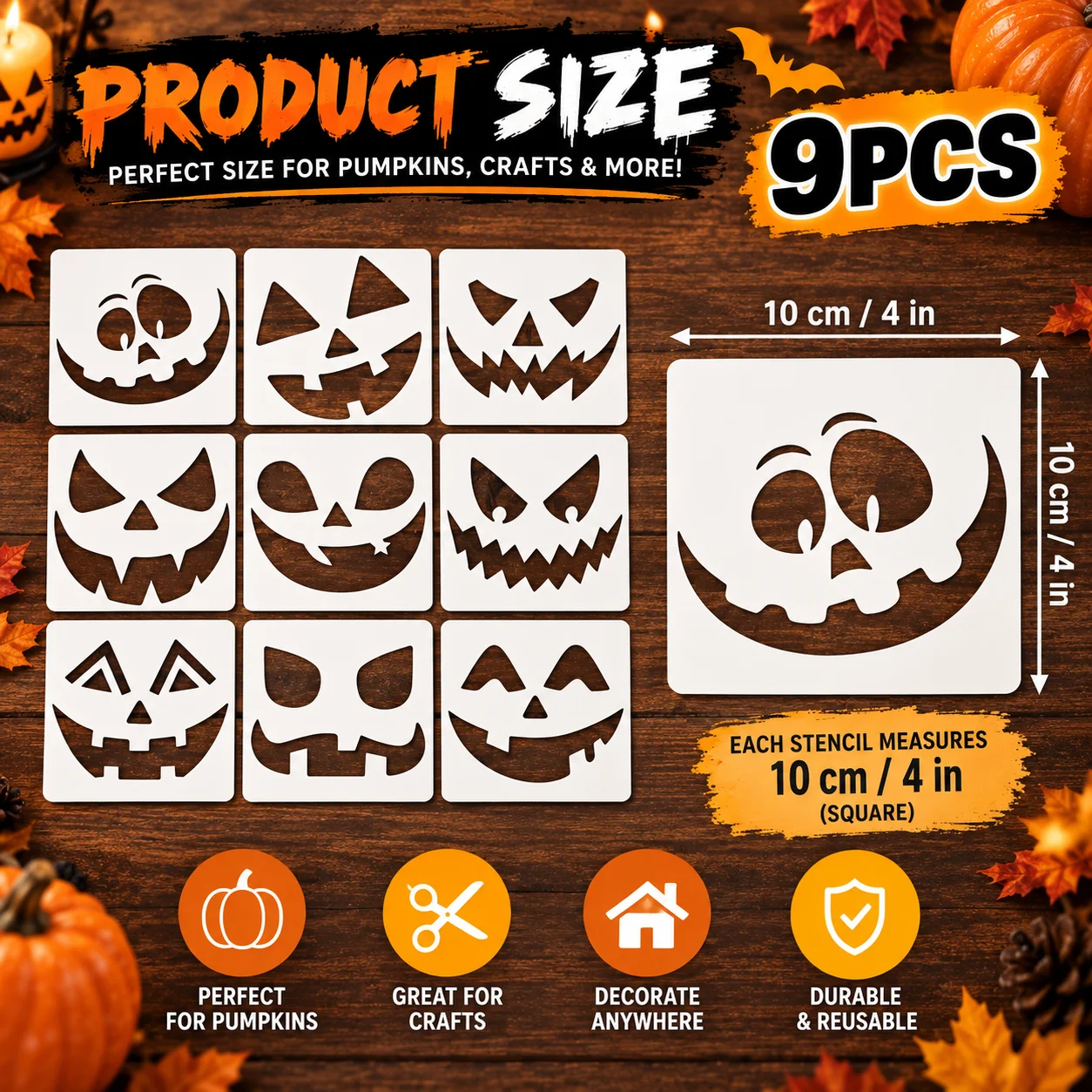 9PCS Halloween Pumpkin Face Stencils 3.94 x 3.94 Inch Jack O Lantern Painting Templates for DIY Crafts Wood Signs T Shirts