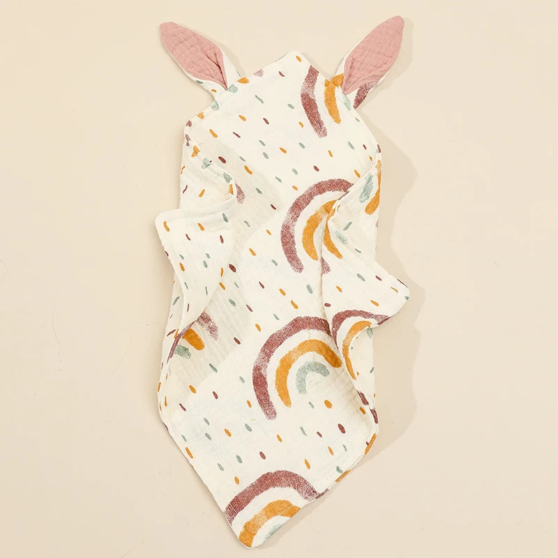 Soft Printed Baby Cuddle Cloths Cotton Muslin Bunny Ears Baby Comforter bibs Saliva Towel Security Blanket Soothe Appease Towels