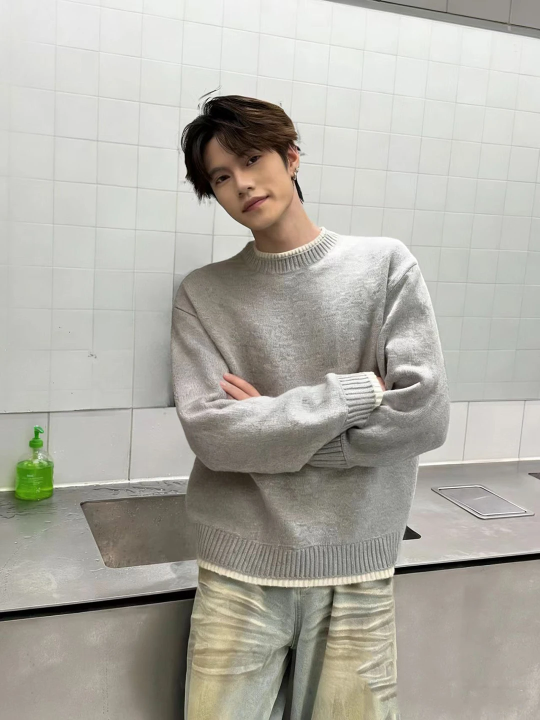 

Cleanfit ey round Ne Sweater Men's Winter Lazy Fake Two-Piece Knitted Loose Heavy Base Layer irt Vintage Sle Long Sve