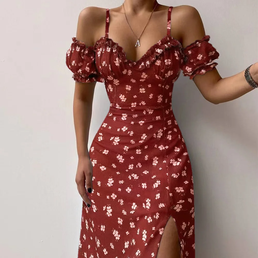 Summer Women\'s New In Sexy Slim French Strap Dress Flower Printing Short Sleeve Elegant Dresses For Women 5-color 5-size