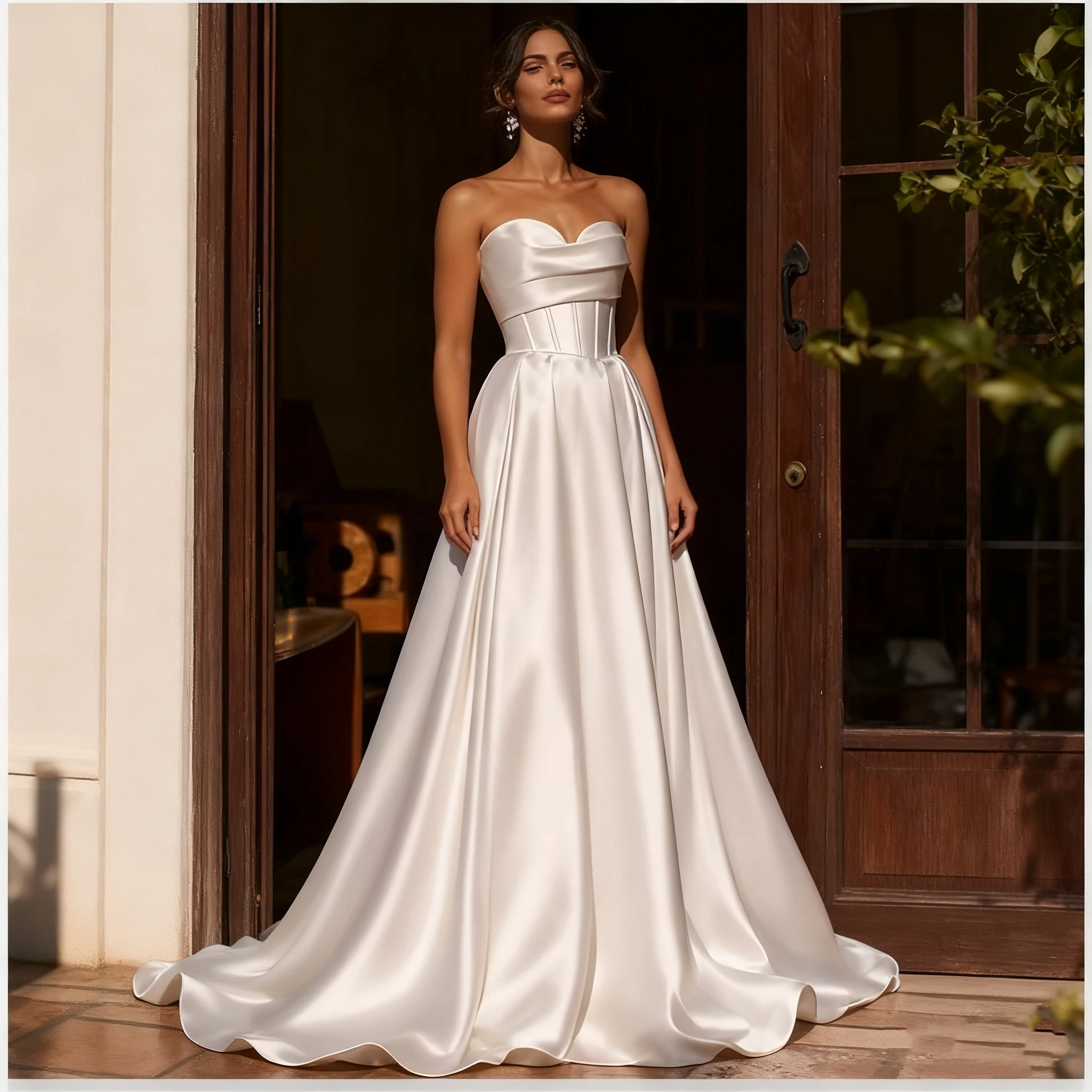 ウェディングドレス 2025 オーダーメイド Aライン フロア丈 サテン ブライダルガウン プリーツ ゴージャスなウェディングドレス ボタンバック