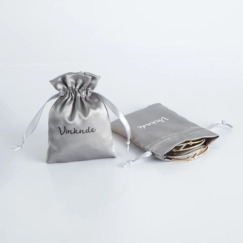 100Pcs Grey Satin Silk Pouch Personalized Logo Packaging for Wedding Favor Gift Bags Candy Bag Jewelry Rings Drawstring Rope Bag