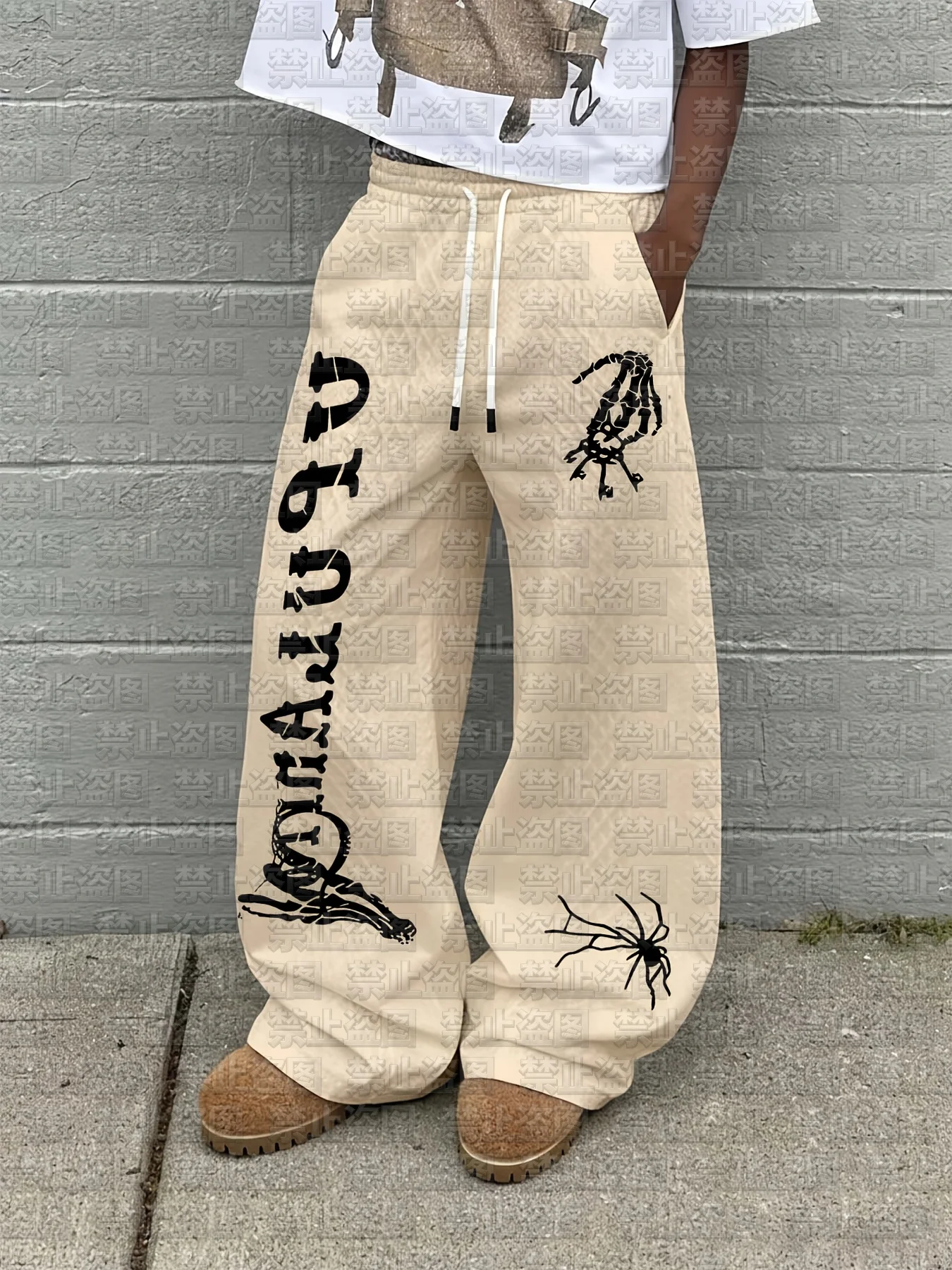 2026 Gothic Skeleton Hand & Spider Print Quick Drying Elastic Waist Wide Leg Pants Beige Streetwear with Grunge Aesthetic Kids