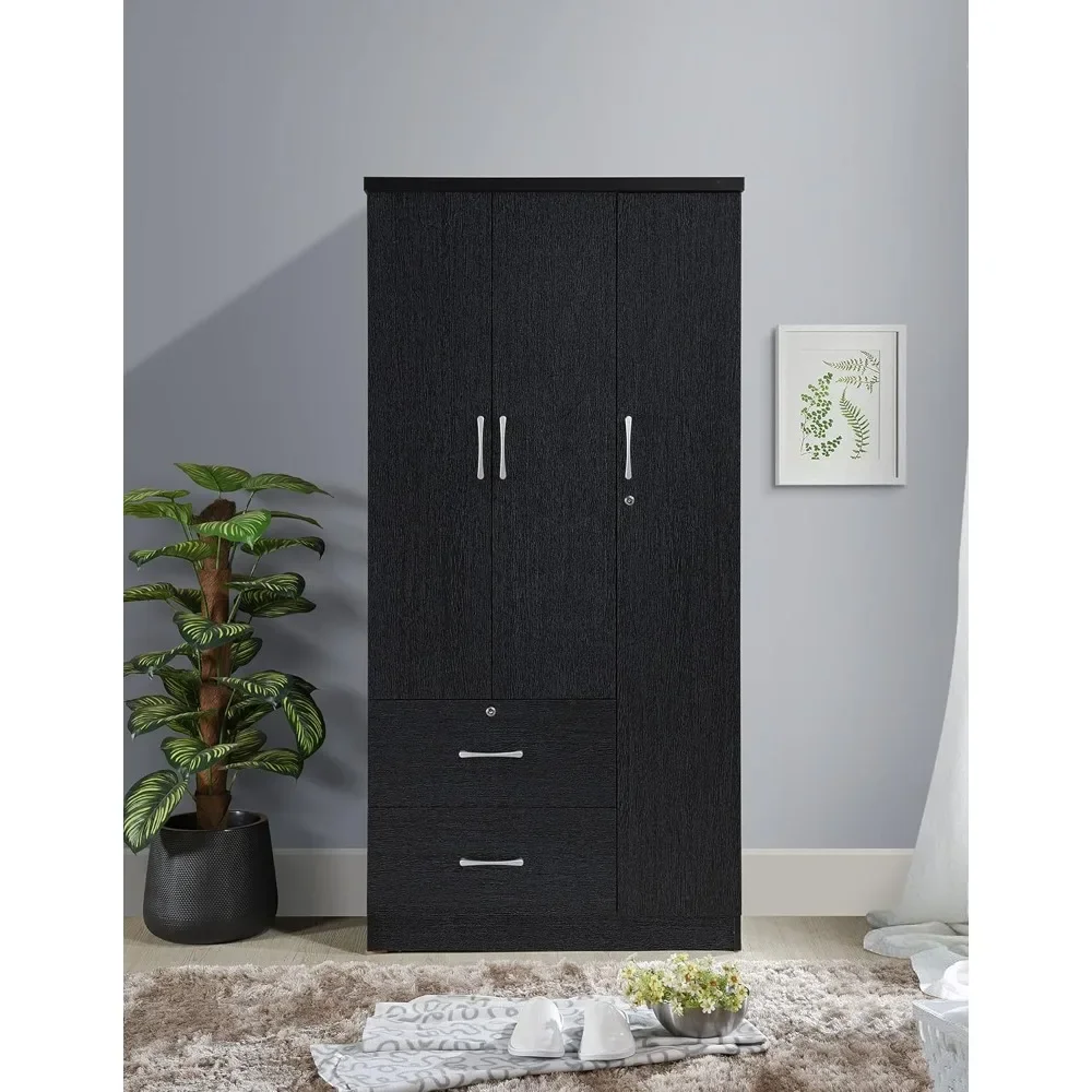 3 doors 2 drawers, 3 shelves in mahogany bedroom closet with three shelves, 21 L x 36 W x 72 H inches