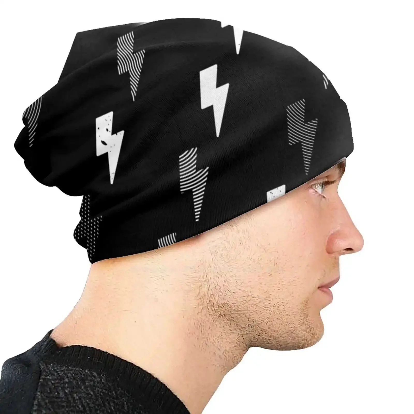 Gorro de malha quente com trovão, tampas ao ar livre, preto e branco, linhas vetoriais geométricas, Dark Biker, Wild