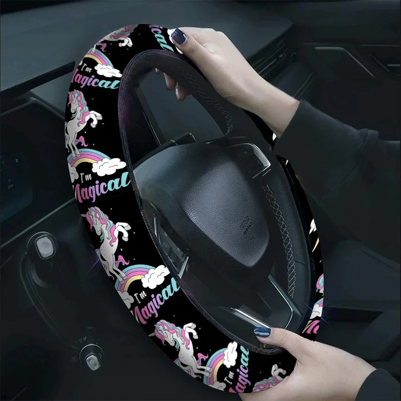 Magical Unicorn Rainbow Pattern Steering Wheel Cover, Fantasy Style Anti-slip Steering Wheel Cover, Easy Installation