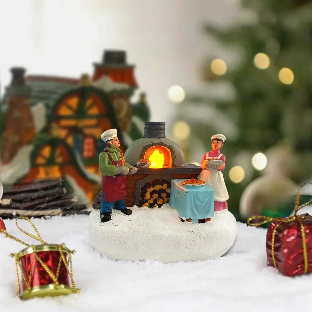 LED Lights Christmas Village Accessories Decor Bread Bakers Collectible Building Figurines Indoor Home Fireplace Holiday Display