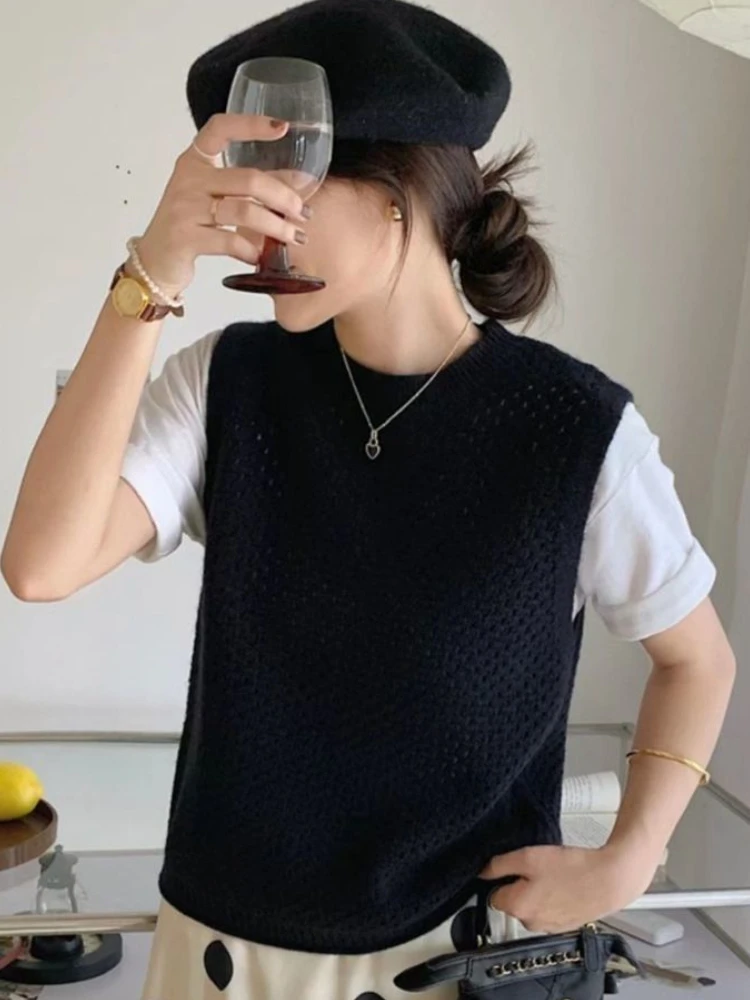 Sweater Vests Women Solid Hollow Out All-match Autumn Knitting Soft Warm O-neck Retro Fashion Loose Ulzzang Streetwear Female