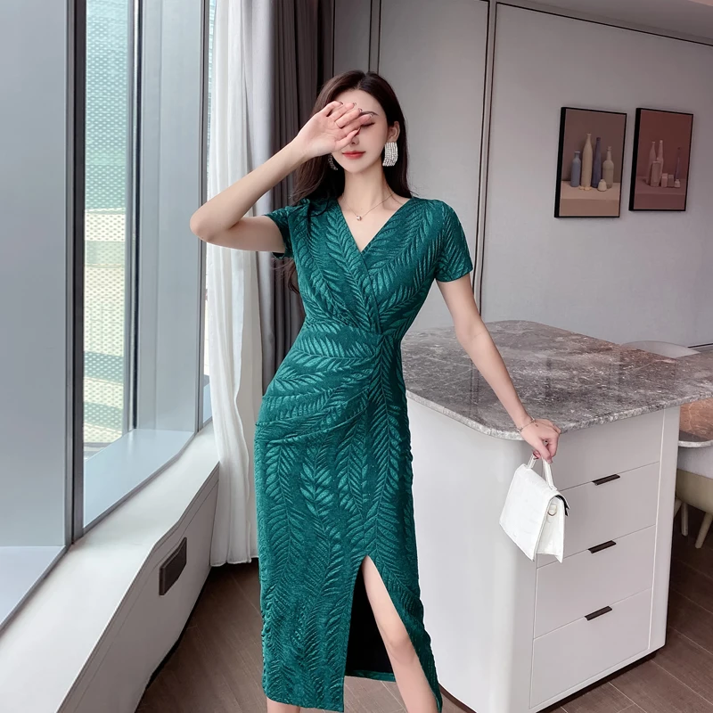 

V-neck Womens Clothing Short Sleeves Fashion Puff Sleeve Dress Women Elegant Hip Wrap Trend Summer 2022 Green Sexy Dresses Woman