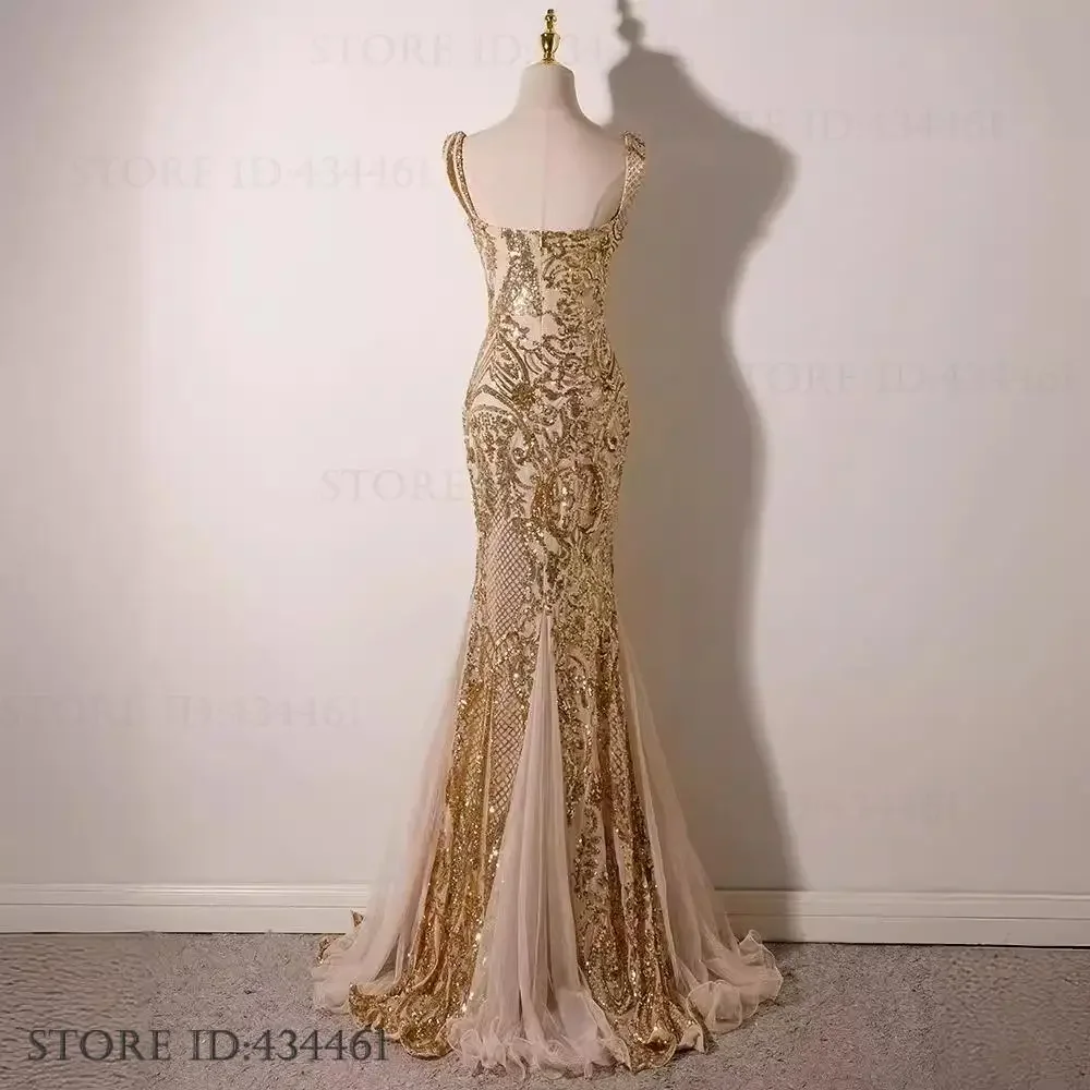 Sexy Bretels Zeemeermin Maxi Jurk Banket Prom Jurk Gouden Lovertjes vrouwen Avondfeest Jurk Patchwork Mesh Slanke Vestidos