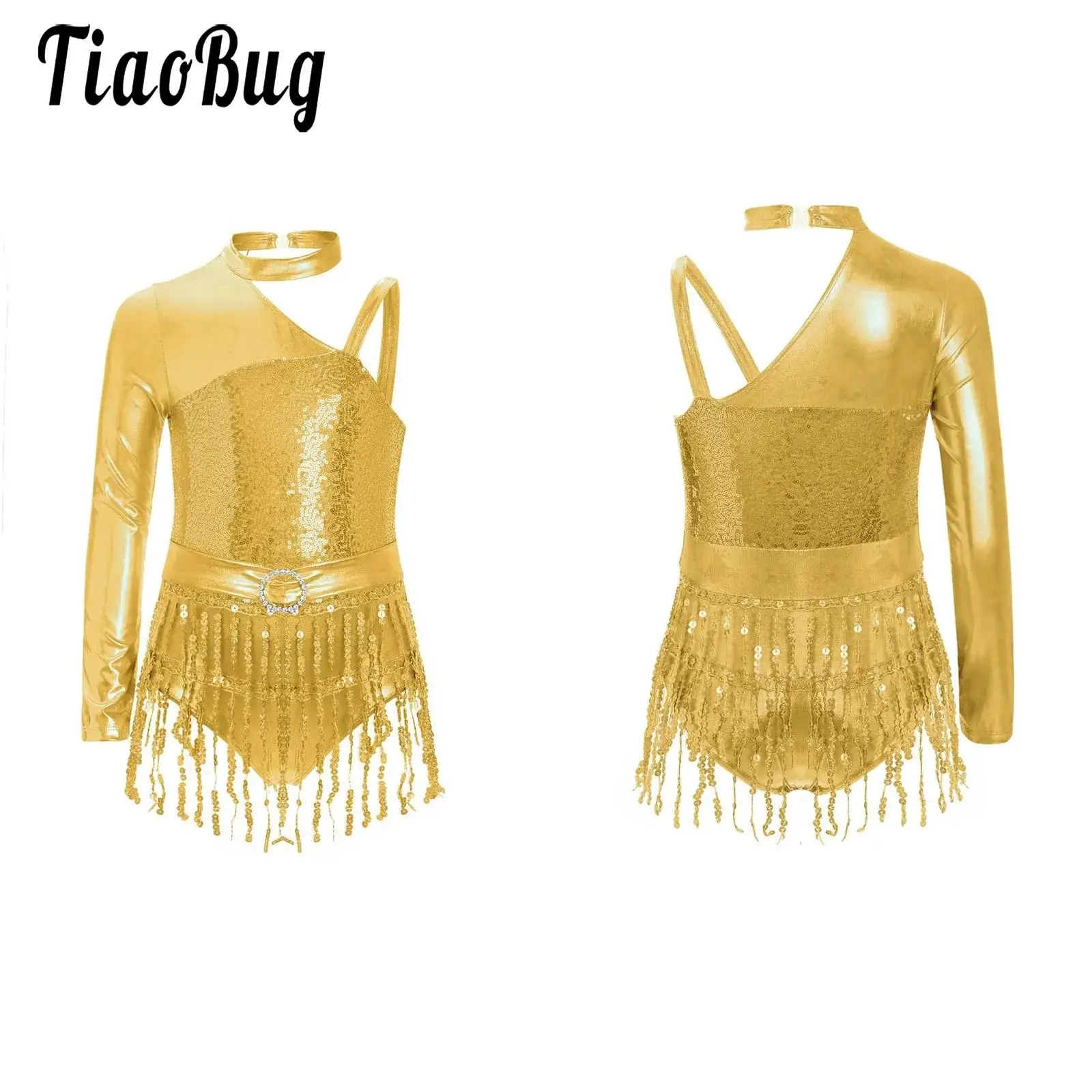 

Dance Leotards Costume Girls Jazz Latin Dance Dress Sparkly Sequins Tassels Bodysuits for Tango Ballroom Rumba Samba Dancewear