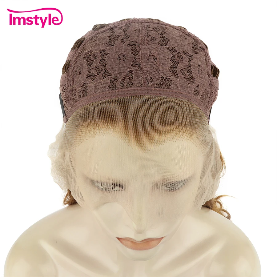 Imstyle-peluca sintética con malla frontal para mujer, cabellera larga ondulada Natural, color rubio dorado, fibra resistente al calor, 24 pulgadas