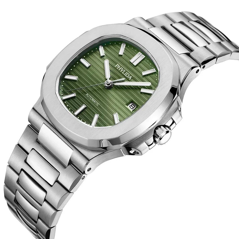 PHYLIDA 40 mm herenhorloge met groene wijzerplaat, luxe klassiek sporthorloge Miyota automatisch met datum saffierglas