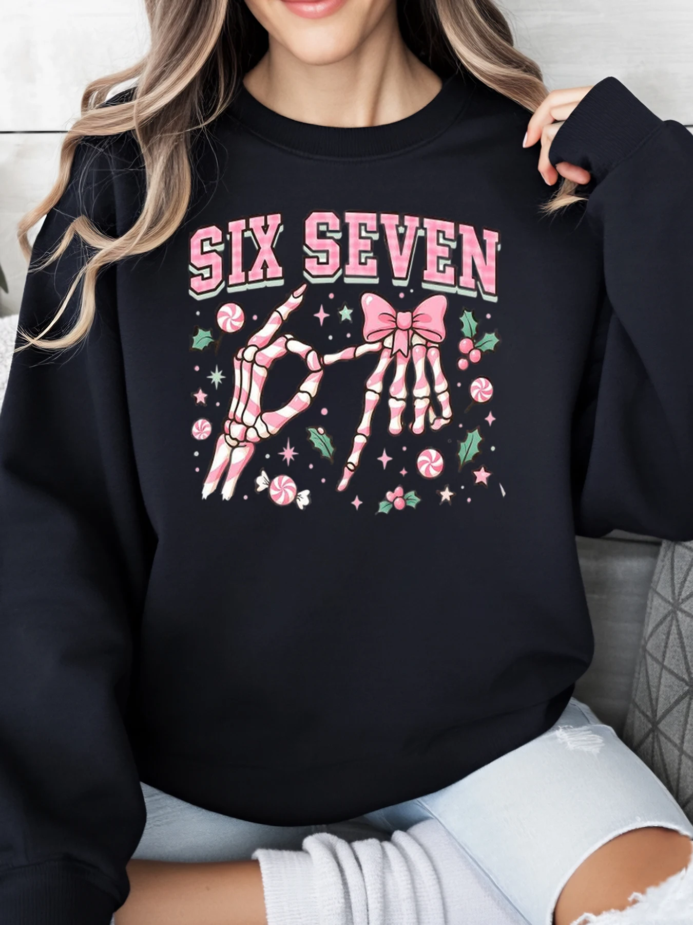 

Толстовка с рождественским принтом Skeleton Hands Six Seven, женская повседневная одежда для праздничной вечеринки, черная, больших размеров