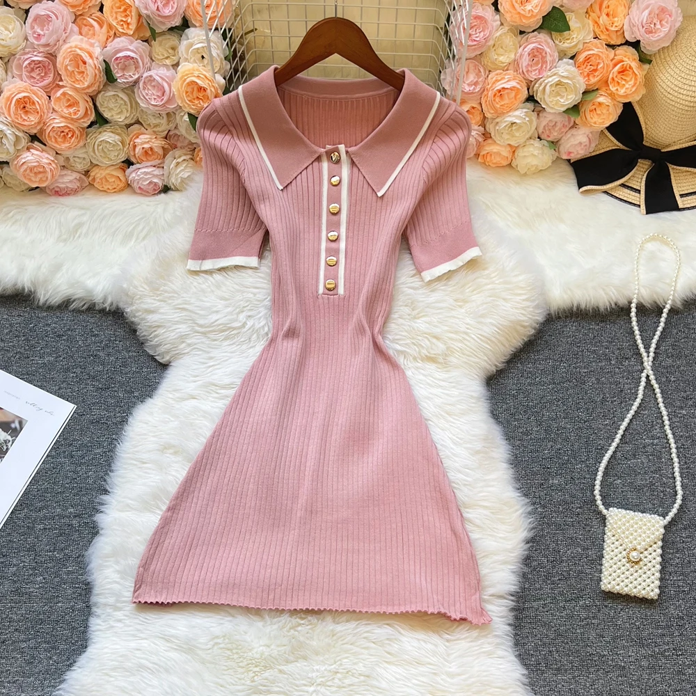 YuooMuoo chique moda sexy pacote quadris malha vestido de verão feminino elegante turn-down colarinho costela malha mini vestido streetwear