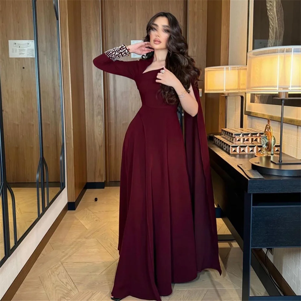 

ROYET Luxury Square Neck Full Sleeve Crystals A Line Long Elegant Prom Gown Ankle Length Pleat Sweep Train Evening Dress