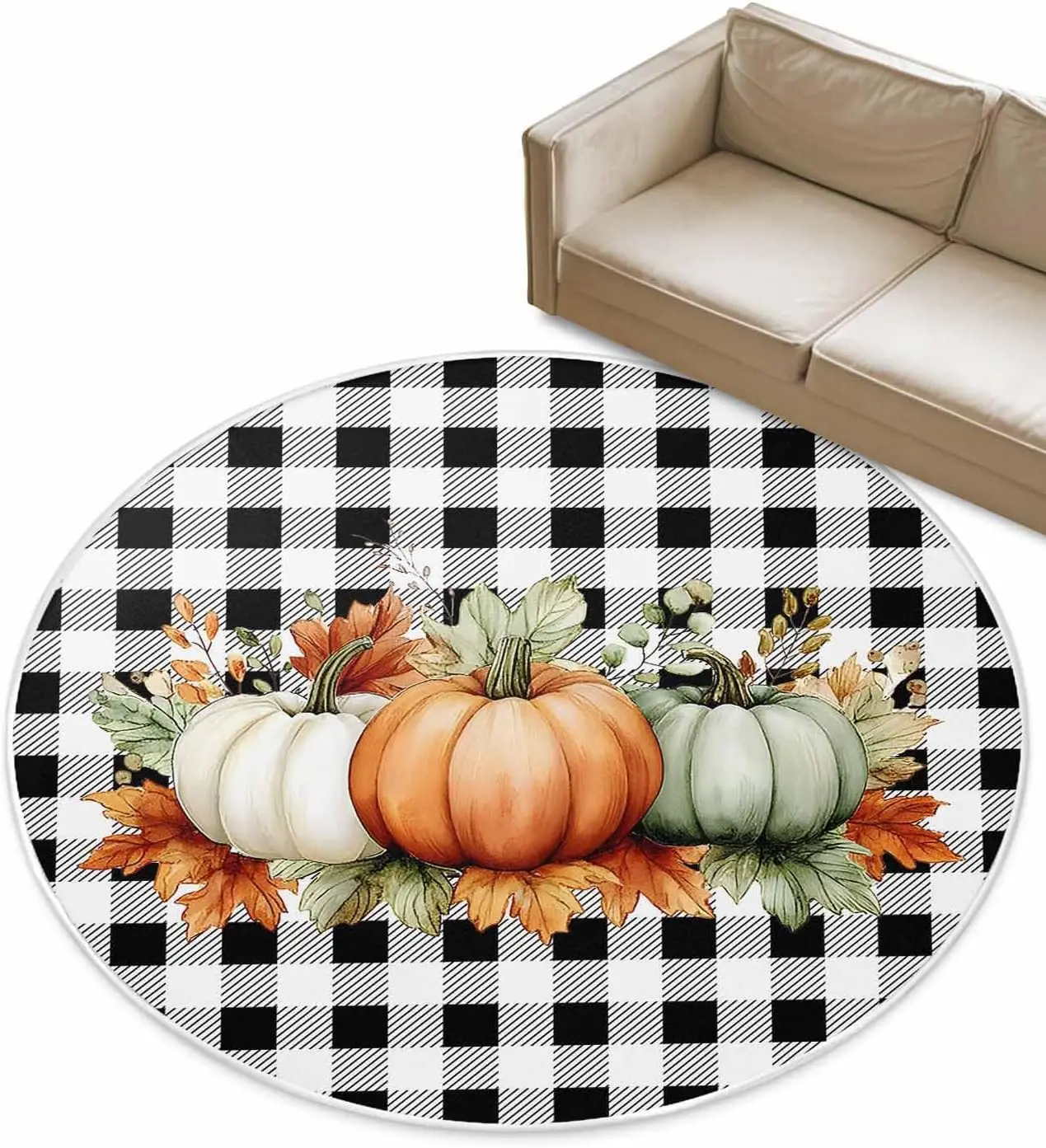 Orange Green Grey Fall Round Area Rugs Soft Area Rug for Kids Room, Botanical Thanksgiving Pumpkins Plaid Washable Living Room