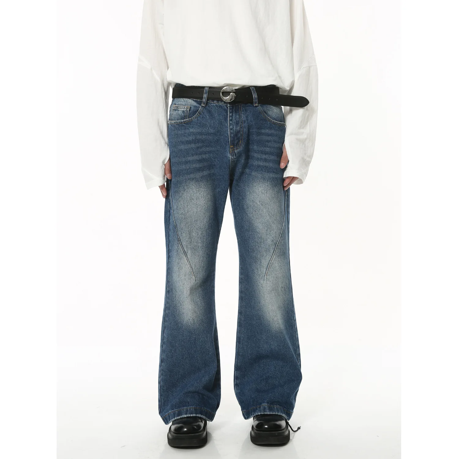 

Men Jean Boot Cut Solid Jeans Wide Leg Denim Pant Washed Full Ankle Length Distressed Pockets Zipper Fly Mid Waist Vintage