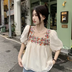 Sweet Flower Embroidery Square Collar Lace Edge Splicing Chiffon Shirt for Women's Summer Ethnic Style Small Fresh Fashion Top