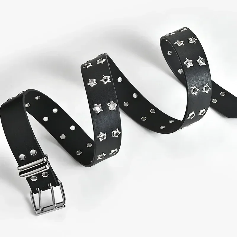 Belt Star Rivet Double Needle Buckle PU Leather Belt Men's and Women's Jeans Fashion Y2K Style 110*3.3cm Black White Belt