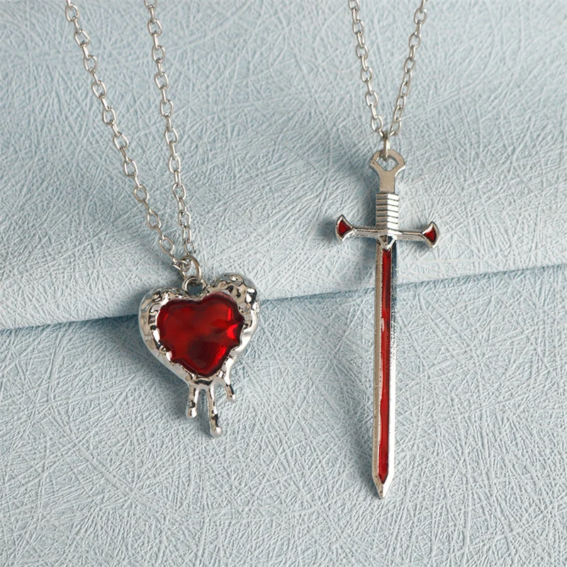 2 stücke Schwerter Herz Anhänger Halsketten für Frauen Männer Kühlen Punk Herz Passenden Halsketten Paar Freundschaft Mode Schmuck Geschenk – Detail 5