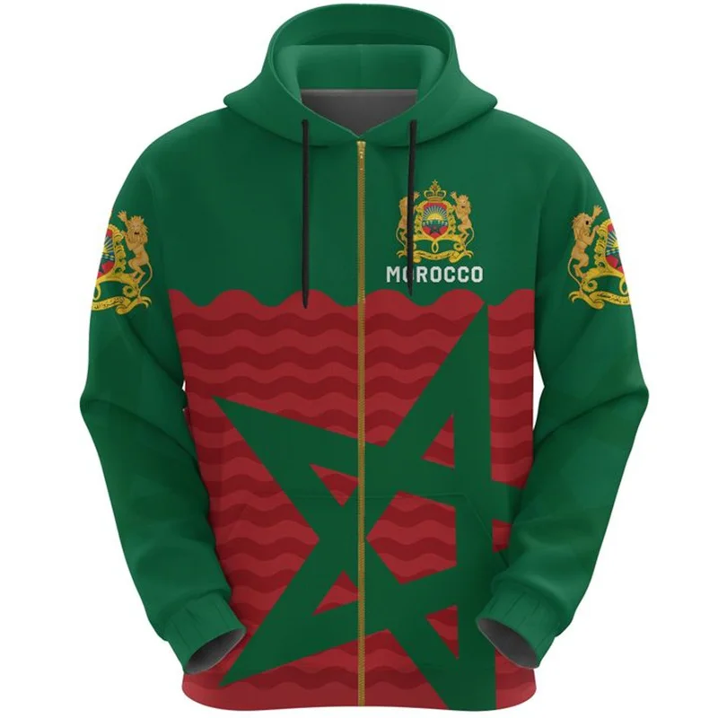 Morocco Coat Of Arms Lion Emblem Zip Up Hoodie Men 3D Print Moroccan Flag Zipper Sweatshirts Fashion Streetwear Hooded Pullovers