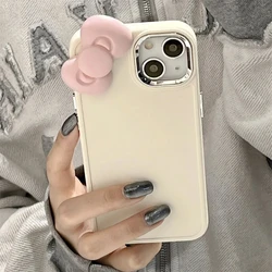 Korean Cute 3D Pink Bowknot Phone Case For iPhone 16 15 14 13 12 11 Pro Max X Soild Color Shockproof Soft Silicone Luxury Cover