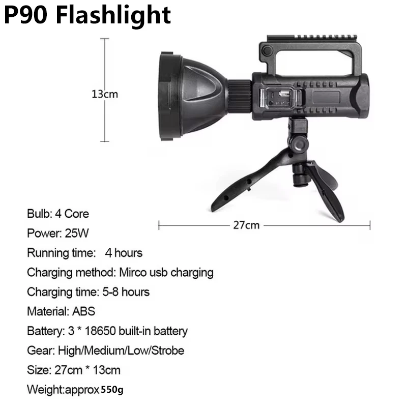 2025NEW P90 Portable Powerful LED Flashlight Handheld Searchlight USB Rechargeable Spotlight Waterproof Torch Work Light Outdoor