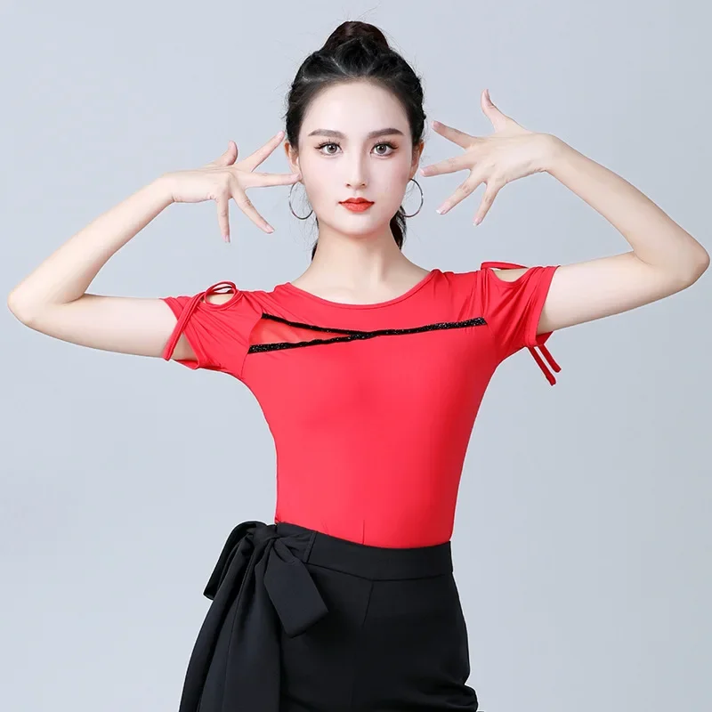 Adult Sexy Latin Dance Practice Clothes Female Summer Short Sleeve Tops Modern Ballroom Stage Performance Training Costumes