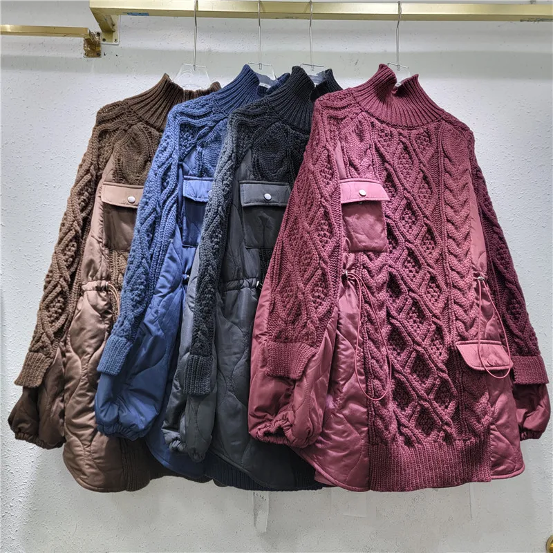 Women Turtleneck Twist Knit Spliced Sweater Autumn Winter Thickened Loose Cotton Padded Patchwork Pullover Knitwear Jumpers Tops