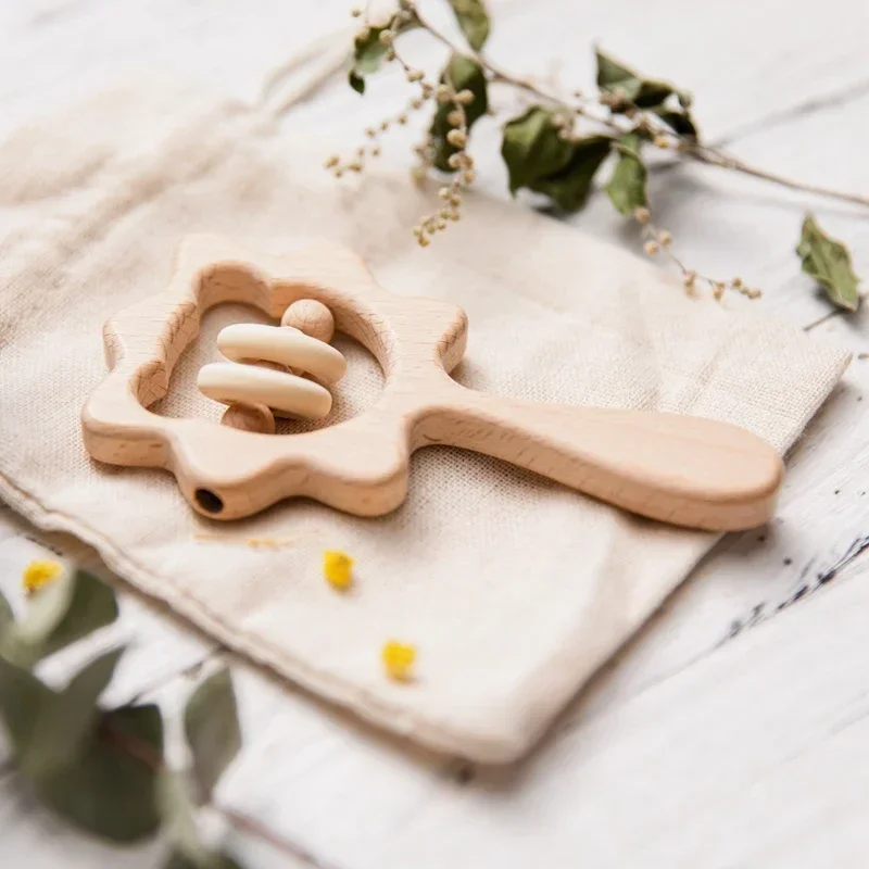 Mordedor de madera para bebé, 1 piezas, conejo, búho, anillo de madera de haya, colgante de lactancia, sonajeros de animales, juguetes para masticar, accesorios