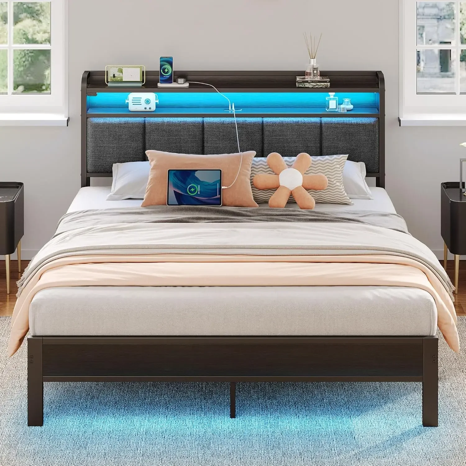 Large bed frame with LED light, padded headboard, storage rack, heavy metal Flat noodles, easy to assemble, dark gray