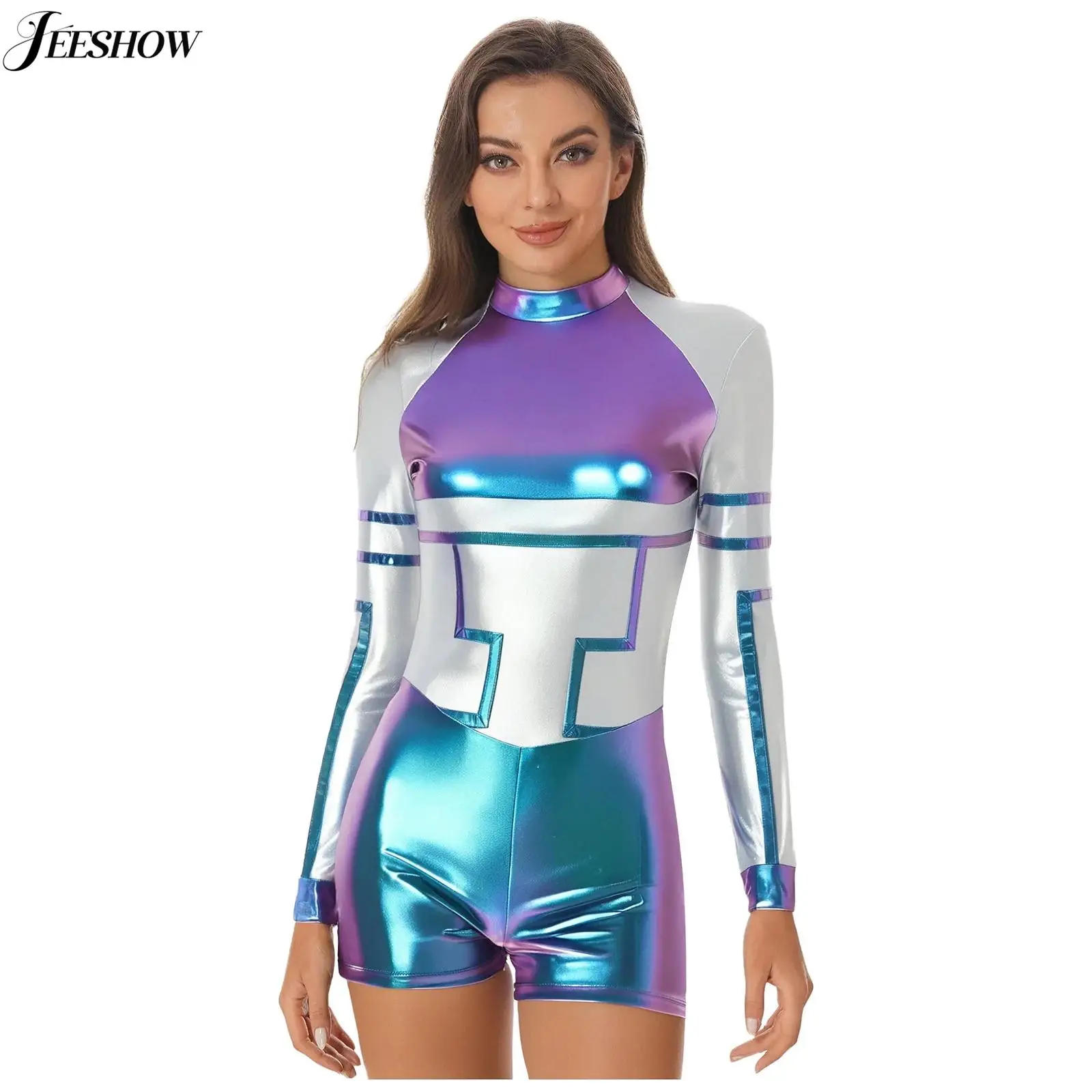 

Womens Alien Robot Costume Space Cadet Role Play Fancy Dress Up Shiny Metallic Long Sleeve Bodysuit Astronaut Cosplay Outfits