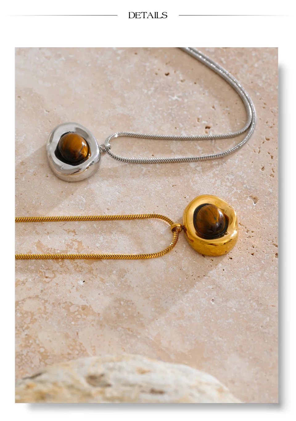 Yhpup Halskette mit natürlichem Tigerstein-Anhänger, hochwertiges PVD-beschichtetes Edelstahl-Kragen, beliebter Schmuck, täglich, hypoallergen – Detail 16