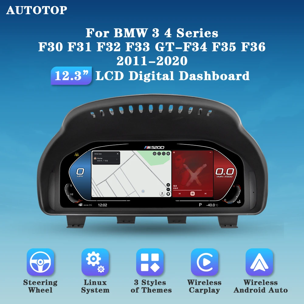AUTOTOP 12.3 1920*720 Carplay Android Auto LCD Cluster Per BMW F30 F31 F32 F33 GT-F34 F35 F36 2011-2020, Filtro Olio Temp G-Force