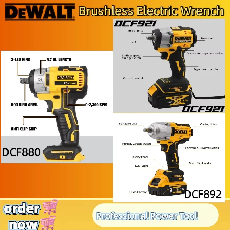 Dewalt Lithium-Batterie, bürstenloser Elektroschrauber, kabelloser Schlagschrauber, hohes Drehmoment, drei Geschwindigkeiten, Autoreparatur-Elektrowerkzeuge, 1/2 Zoll