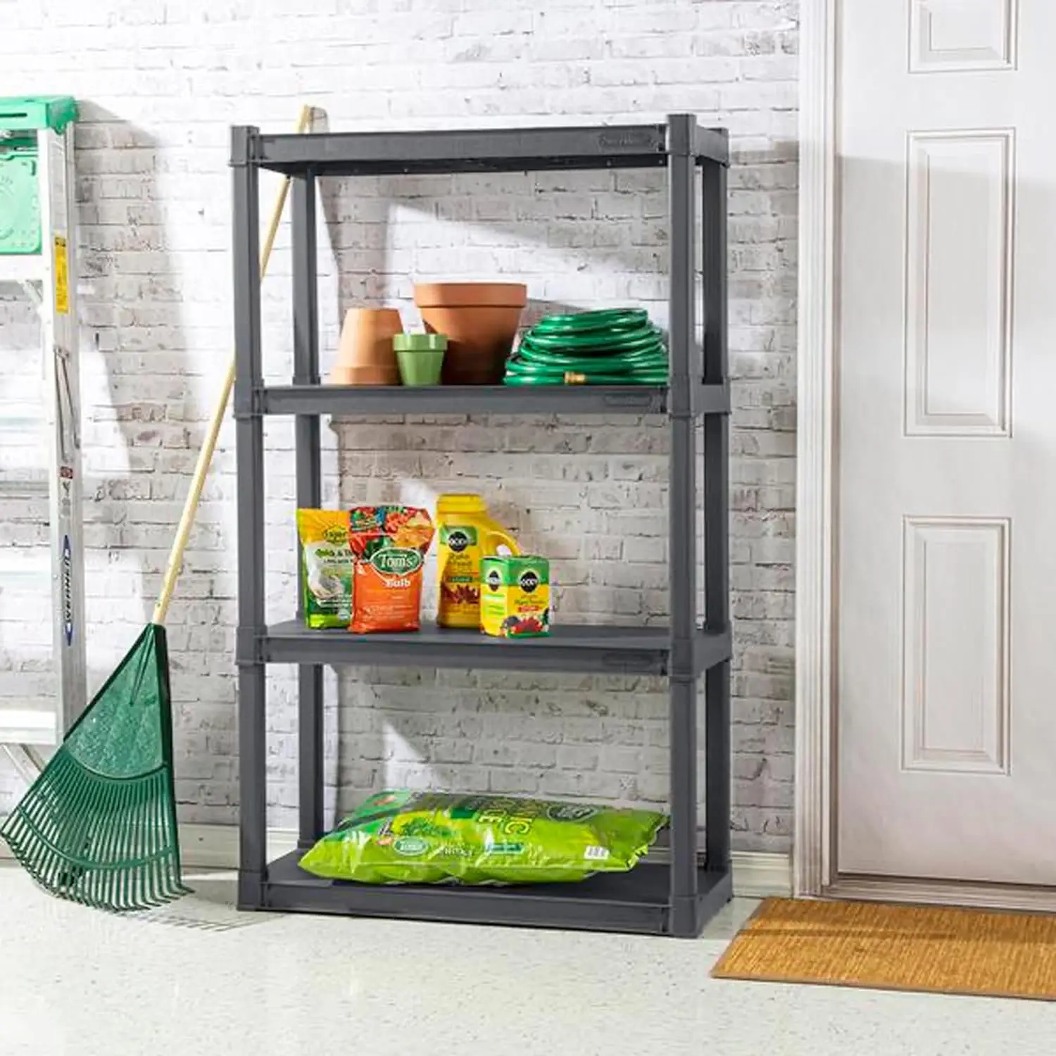 Sterilite 4 Shelf Unit, Heavy Duty and Easy to Assemble Plastic Storage Unit, Organize Bins in The Garage, Basement, Attic, Mudr