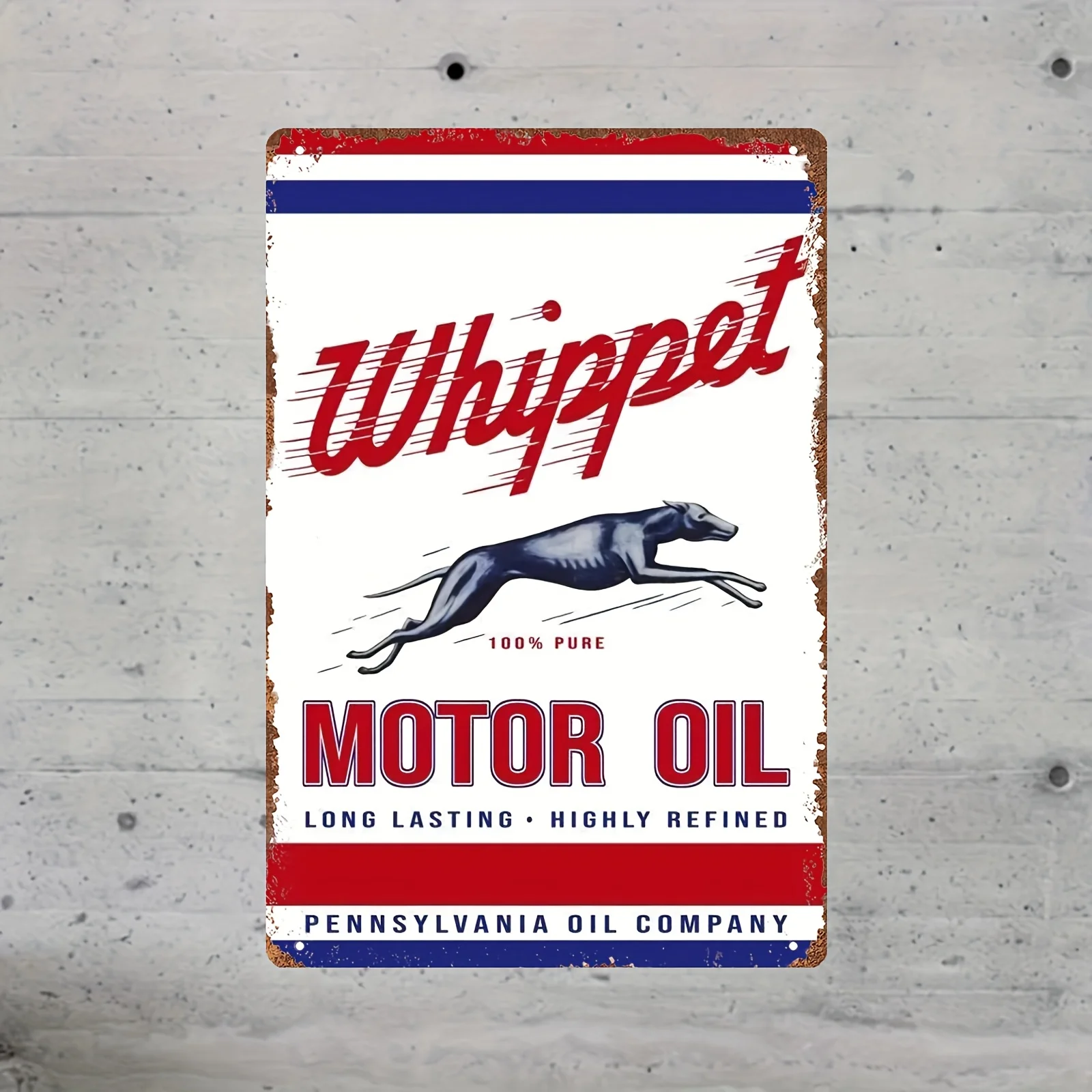 ,  Vintage Whippet Motor Oil Tin Sign - Rustic Distressed Iron Metal Wall Art with Leaping Greyhound Design, Red & Blue Retro Co
